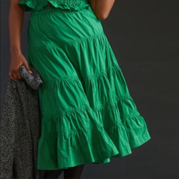 Anthropologie Maeve Tiered Midi Maxi Skirt Size 4 Green Elastic Waist Holiday - Picture 2 of 7